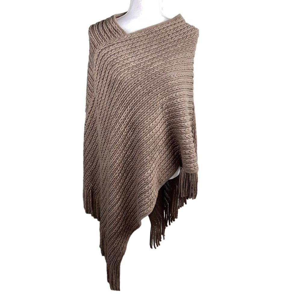 Taupe Tan Pullover Knit Sweater Poncho Fringed One Size Fits Most